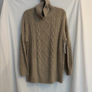 Women's Taupe Cable-Knit Turtleneck Sweater